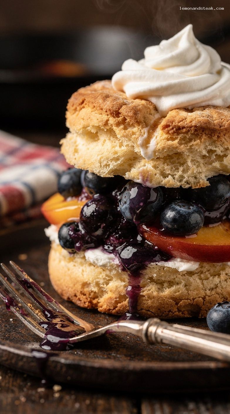 Blueberry Peach Shortcake With Buttery Biscuits And Vanilla Cream – Closeup
