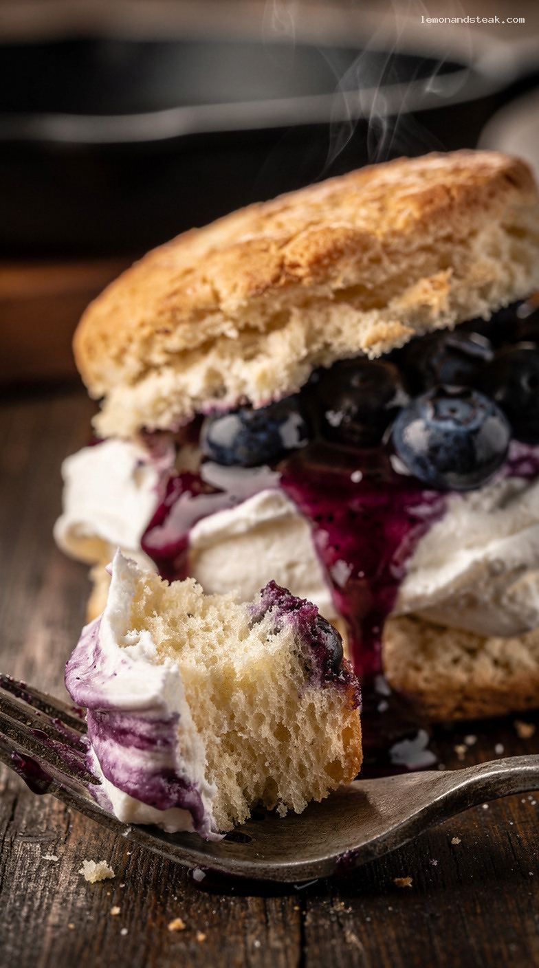 Blueberry Shortcake Biscuits With Warm Blueberry Compote – Closeup