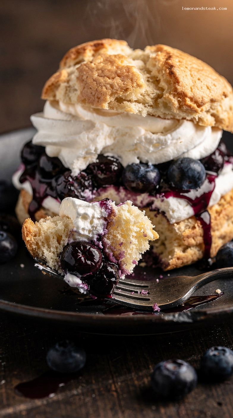 Blueberry Shortcake with Cream Scone Base and Vanilla Cream – Closeup