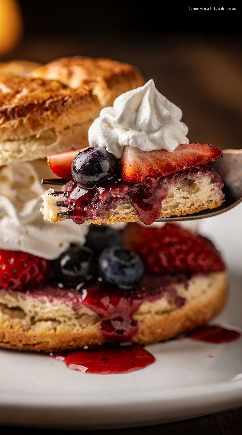 Blueberry Strawberry Shortcake with Vanilla Whipped Cream – Closeup