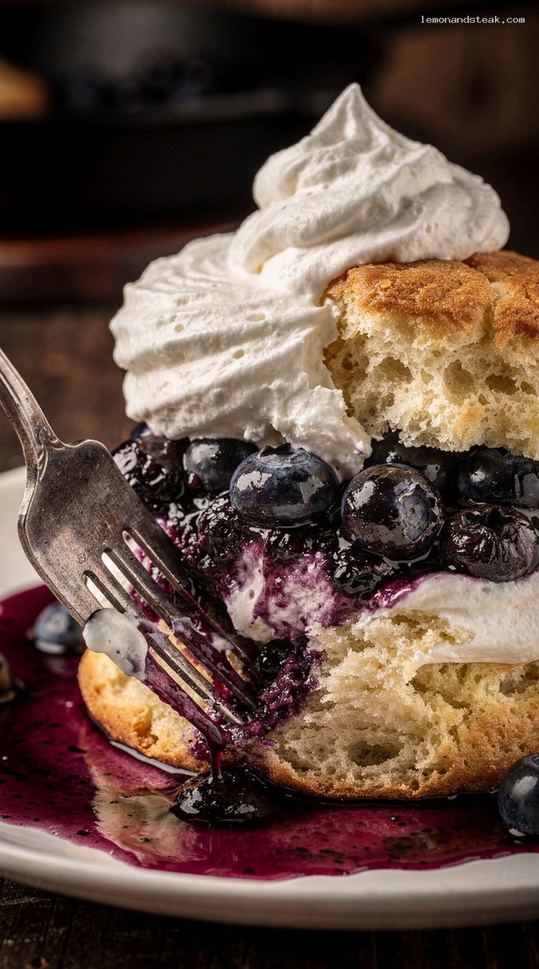 Blueberry Vanilla Shortcake with Biscuits and Whipped Cream – Closeup