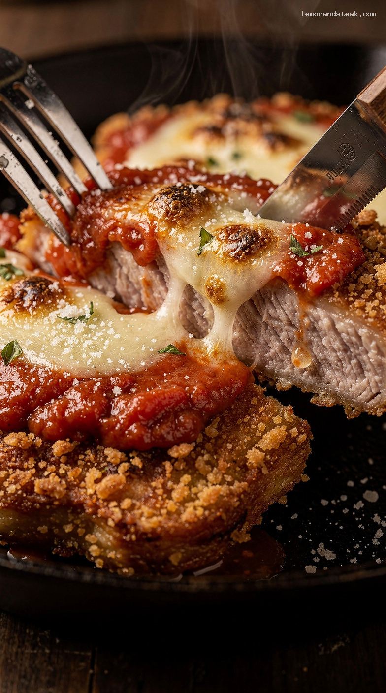 Breaded Pork Chops with Marinara and Mozzarella – Closeup