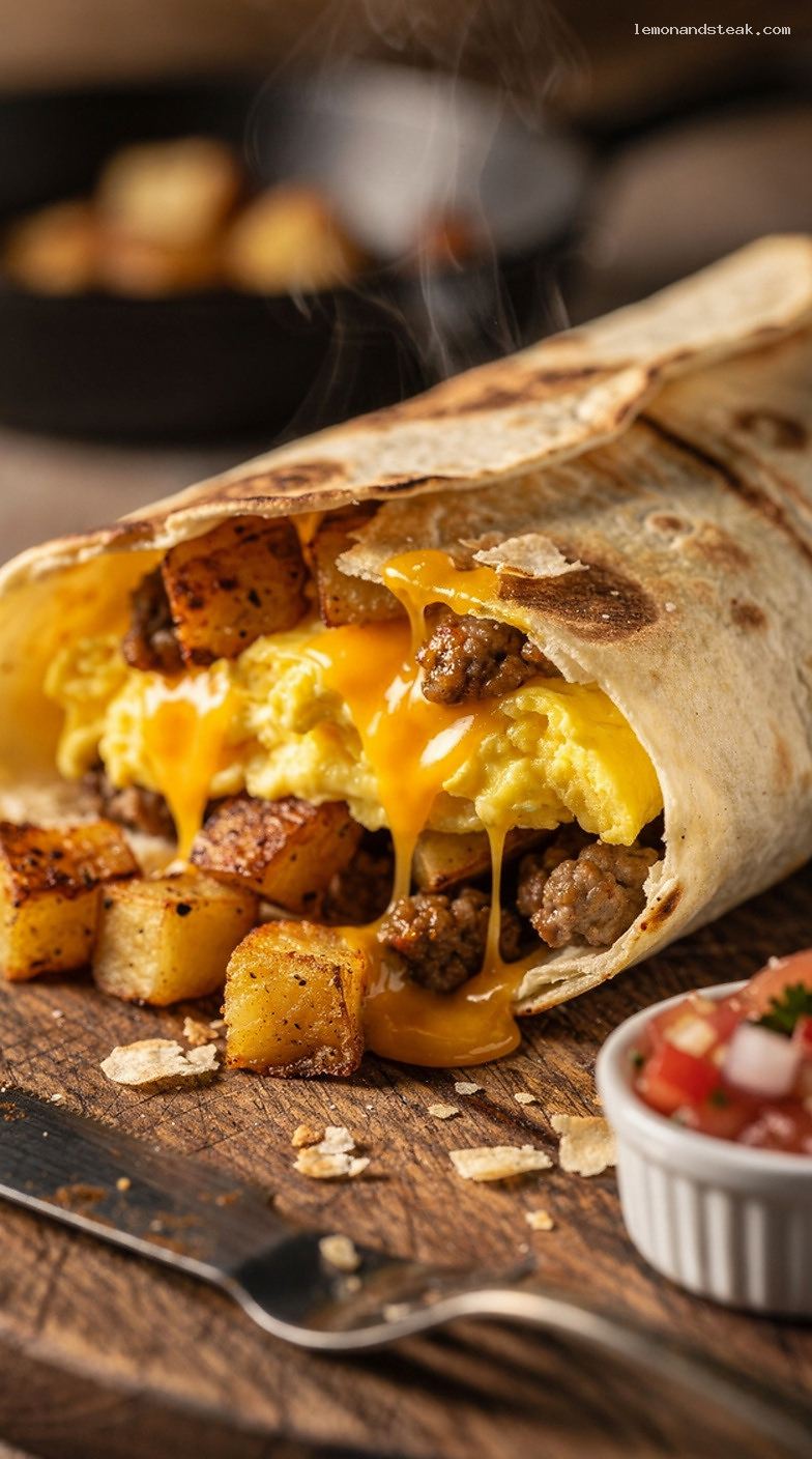 Breakfast Burritos With Scrambled Eggs, Cheese, Potatoes, and Fillings – Closeup