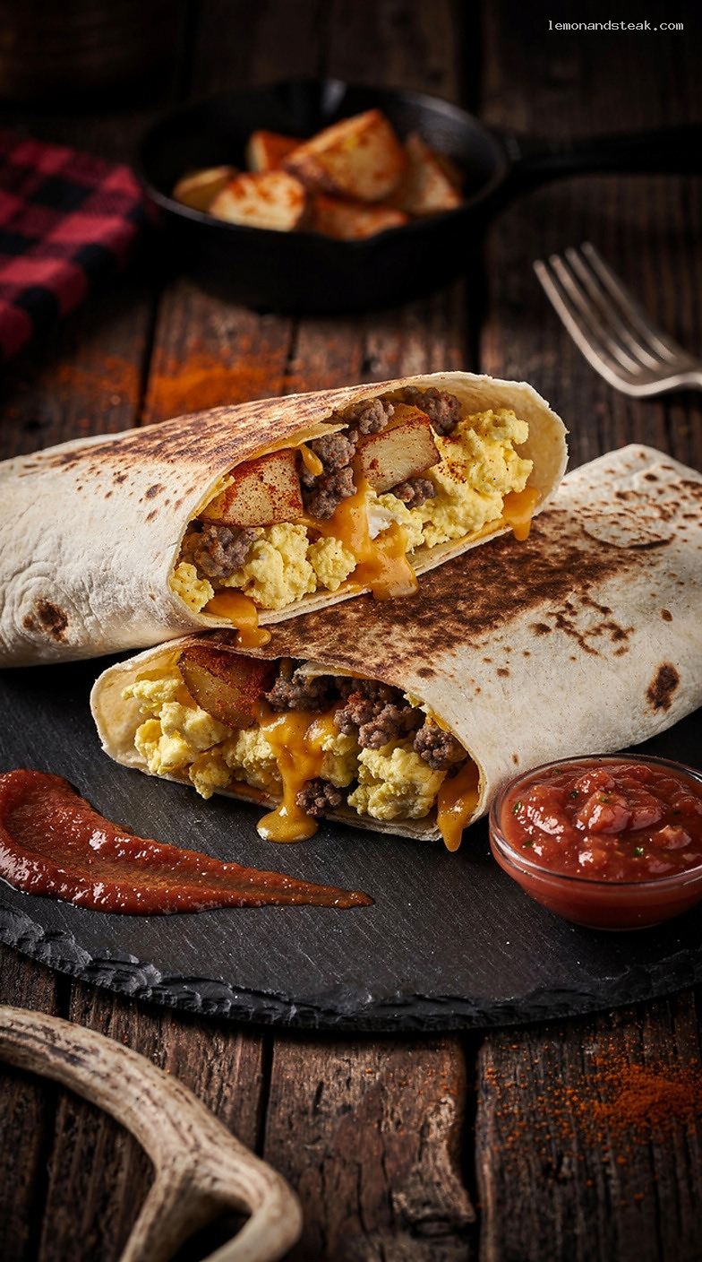 Breakfast Burritos With Scrambled Eggs, Cheese, Potatoes, and Fillings