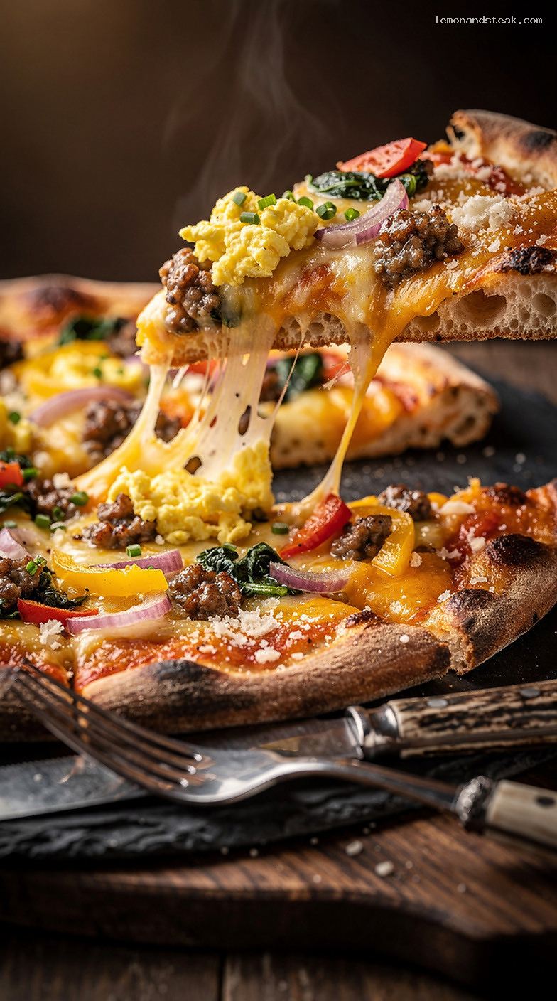 Breakfast Pizza with Scrambled Eggs, Cheese, and Toppings – Closeup