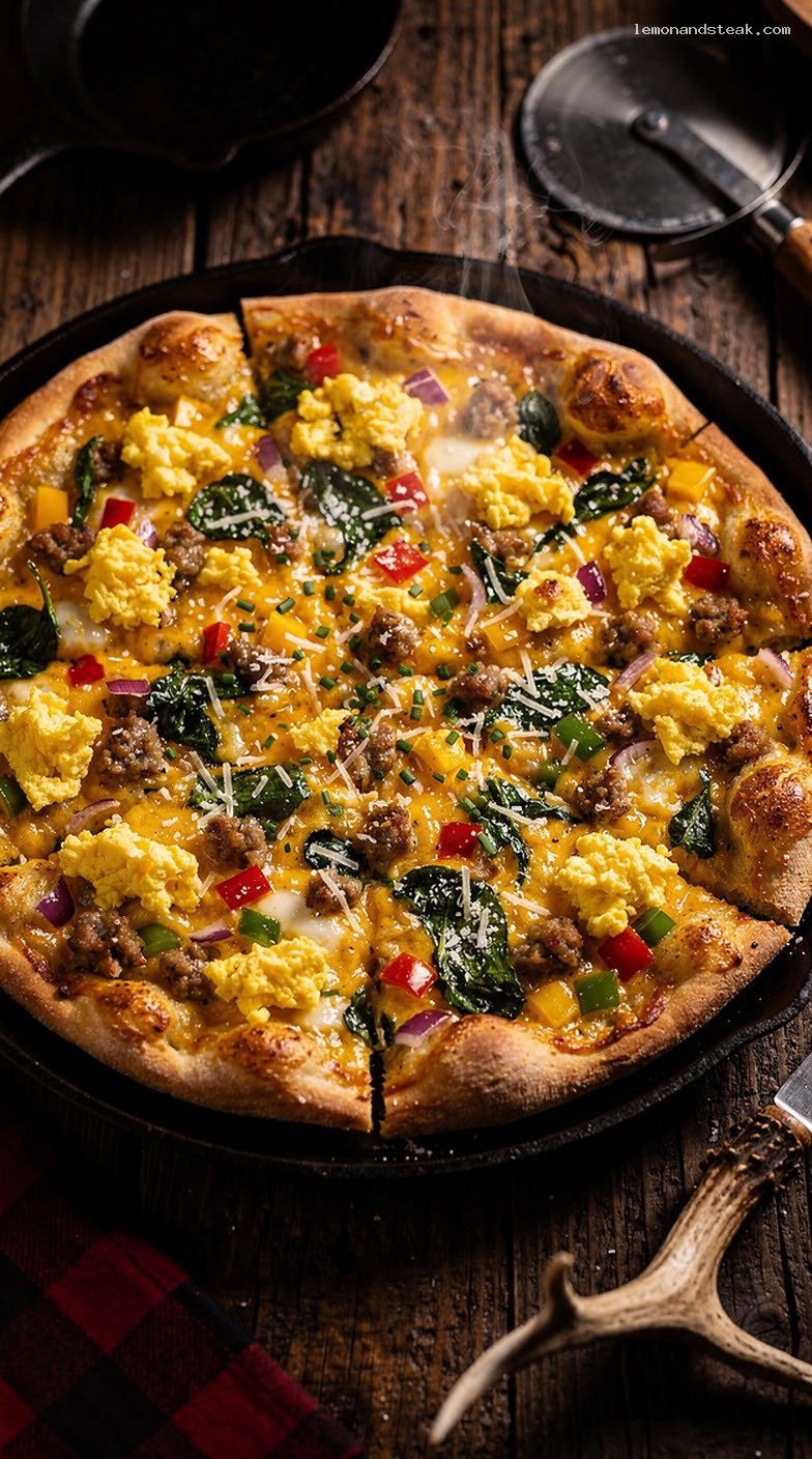 Breakfast Pizza with Scrambled Eggs, Cheese, and Toppings