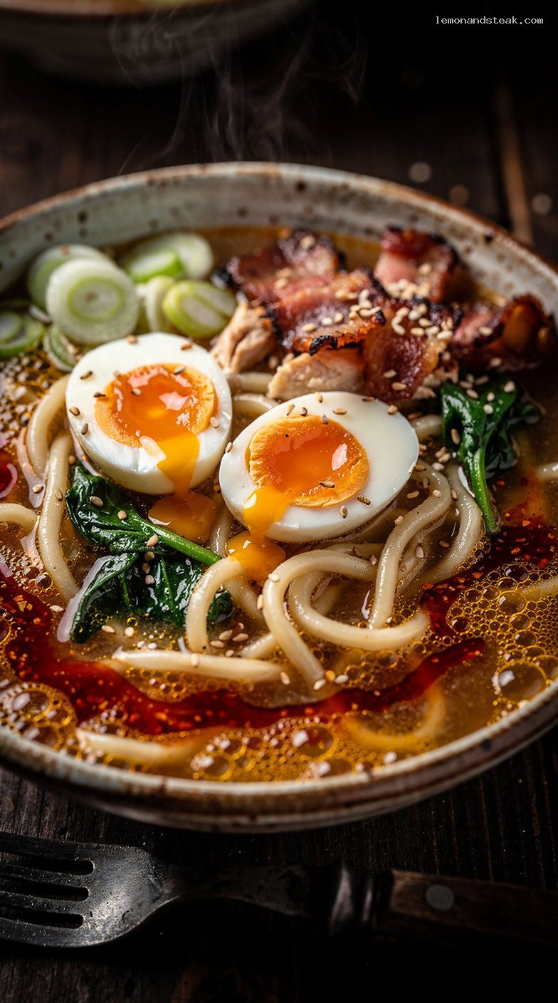 Breakfast Ramen With Jammy Soft-Boiled Egg and Rich Broth – Closeup
