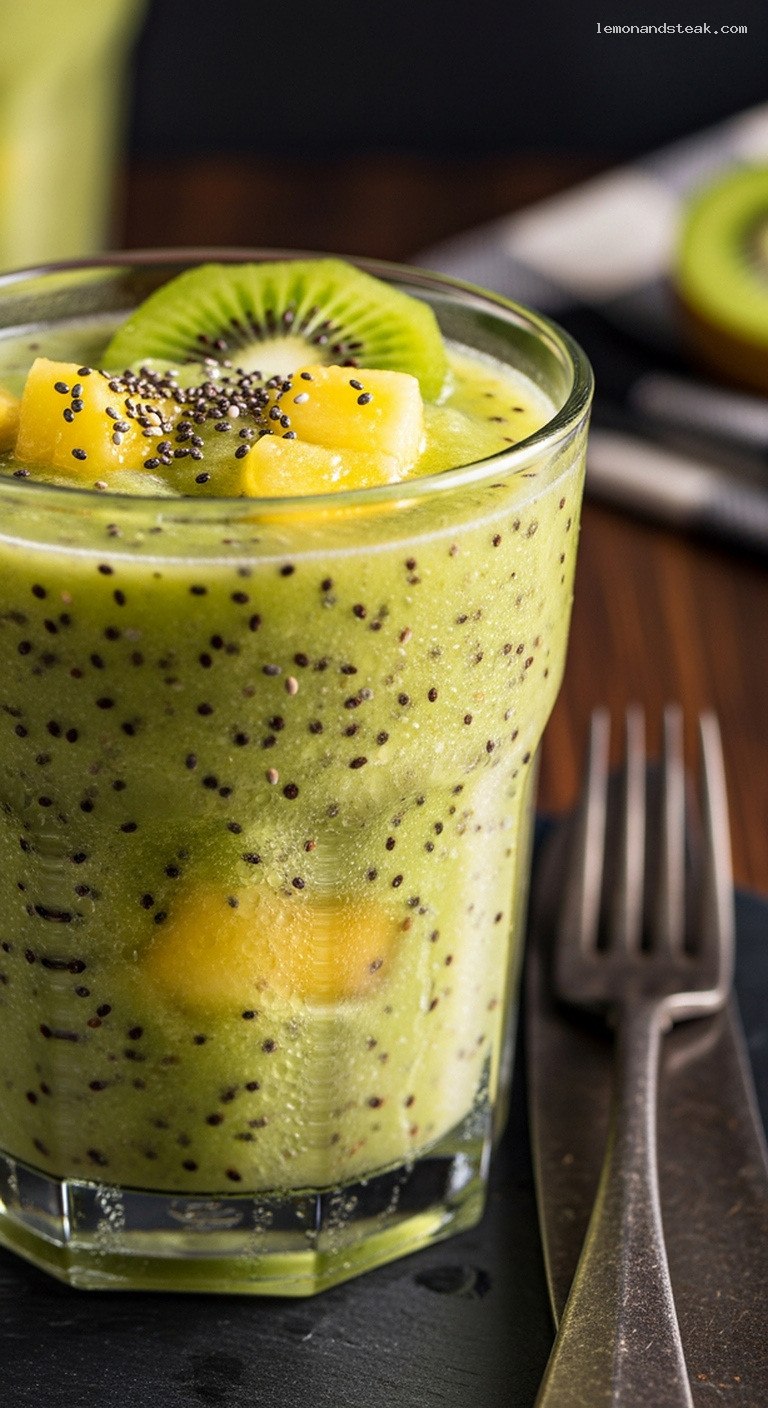 Bright Green Kiwi Pineapple Tropical Smoothie – Closeup