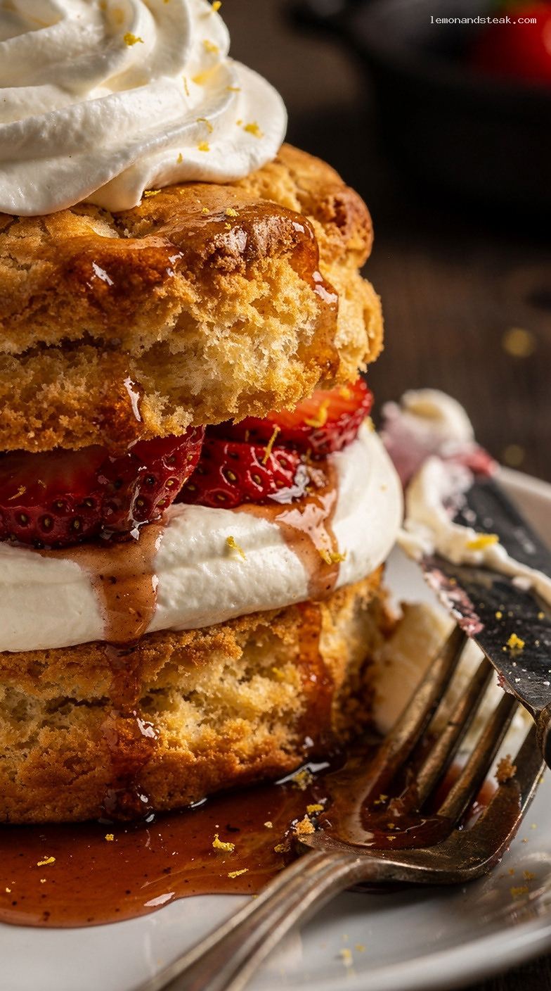 Brown Sugar Strawberry Shortcake with Biscuits and Vanilla Whipped Cream – Closeup