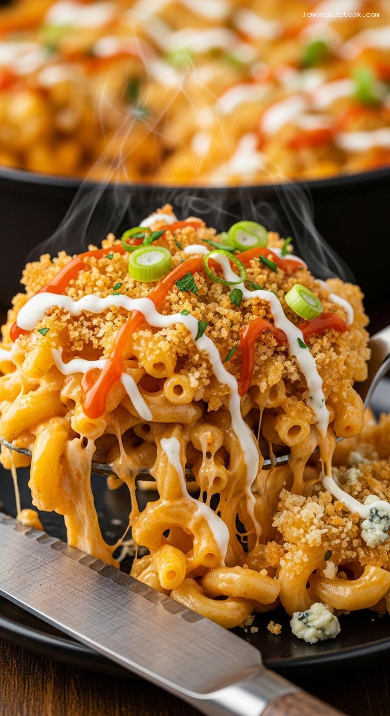 Buffalo Ranch Baked Mac and Cheese with Crunchy Topping – Closeup