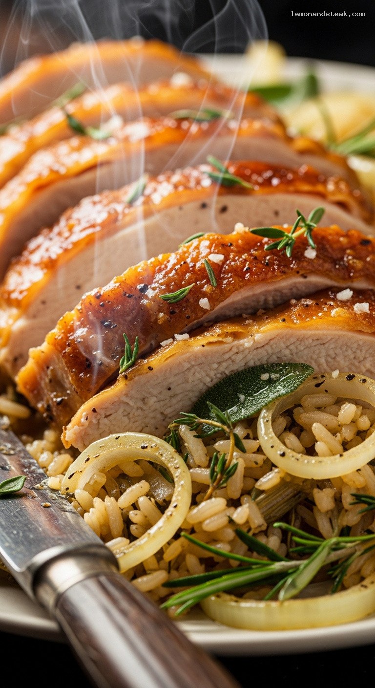 Butter-Basted Turkey with Herb Rice Stuffing – Closeup