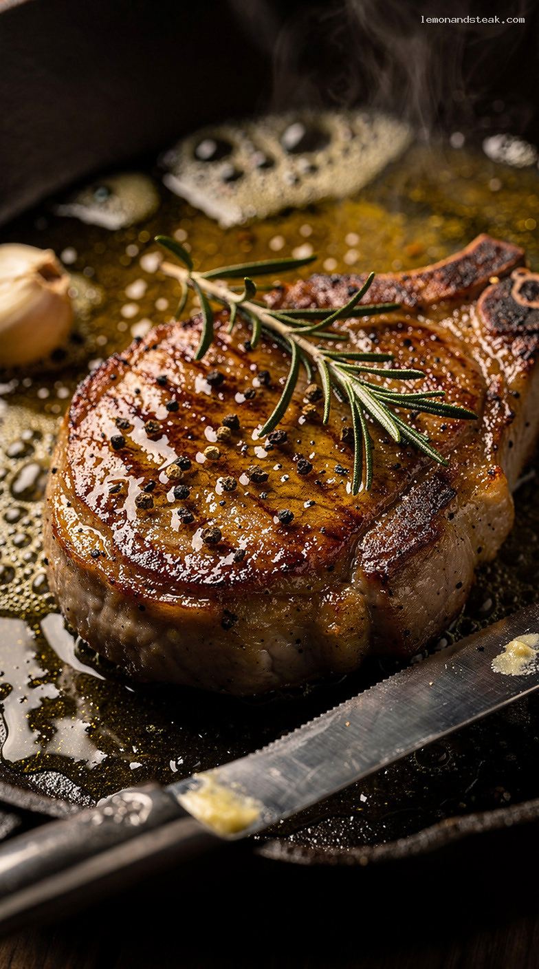 Butter-Rosemary Skillet Pork Chops With Cracked Black Pepper – Closeup