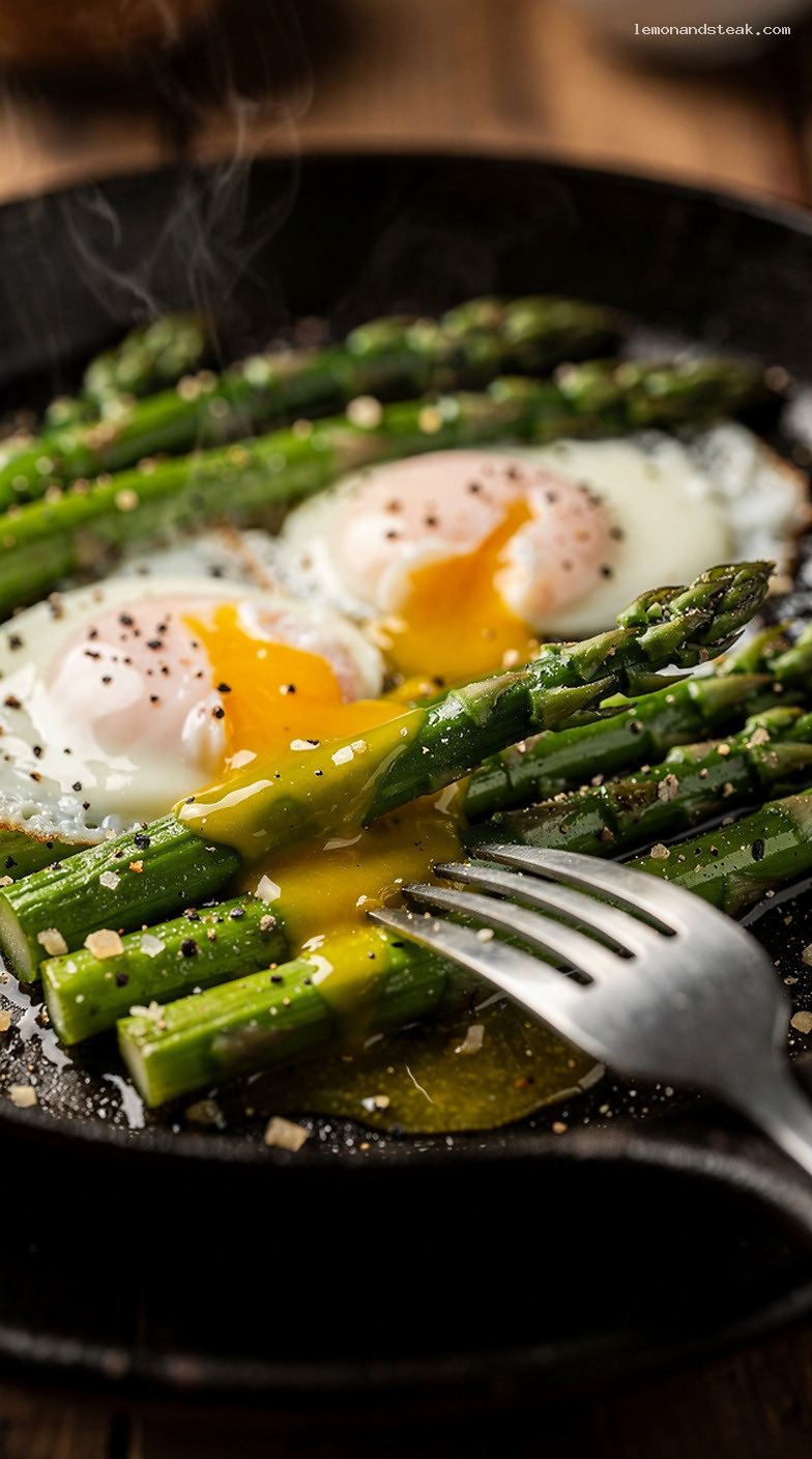 Butter-Sautéed Asparagus and Soft Egg Skillet – Closeup