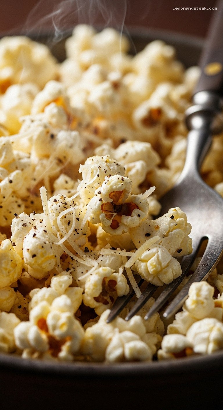 Buttery Stovetop Parmesan and Black Pepper Popcorn – Closeup