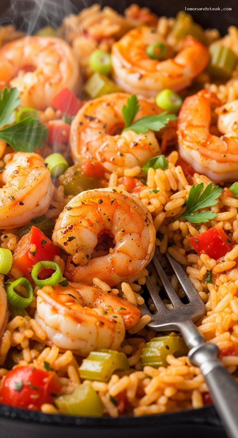 Cajun Shrimp and Rice Skillet with Peppers – Closeup
