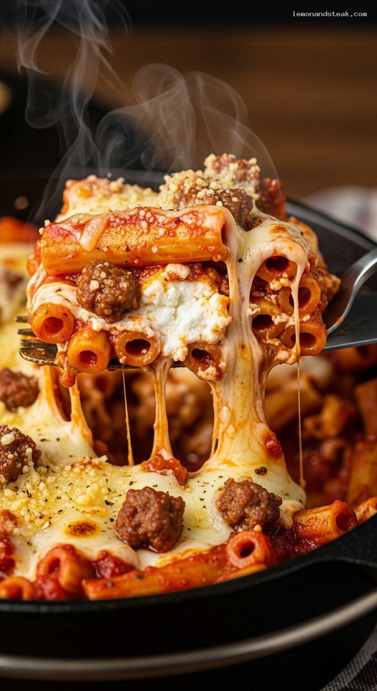 Campfire Baked Ziti with Marinara and Bubbling Cheese – Closeup
