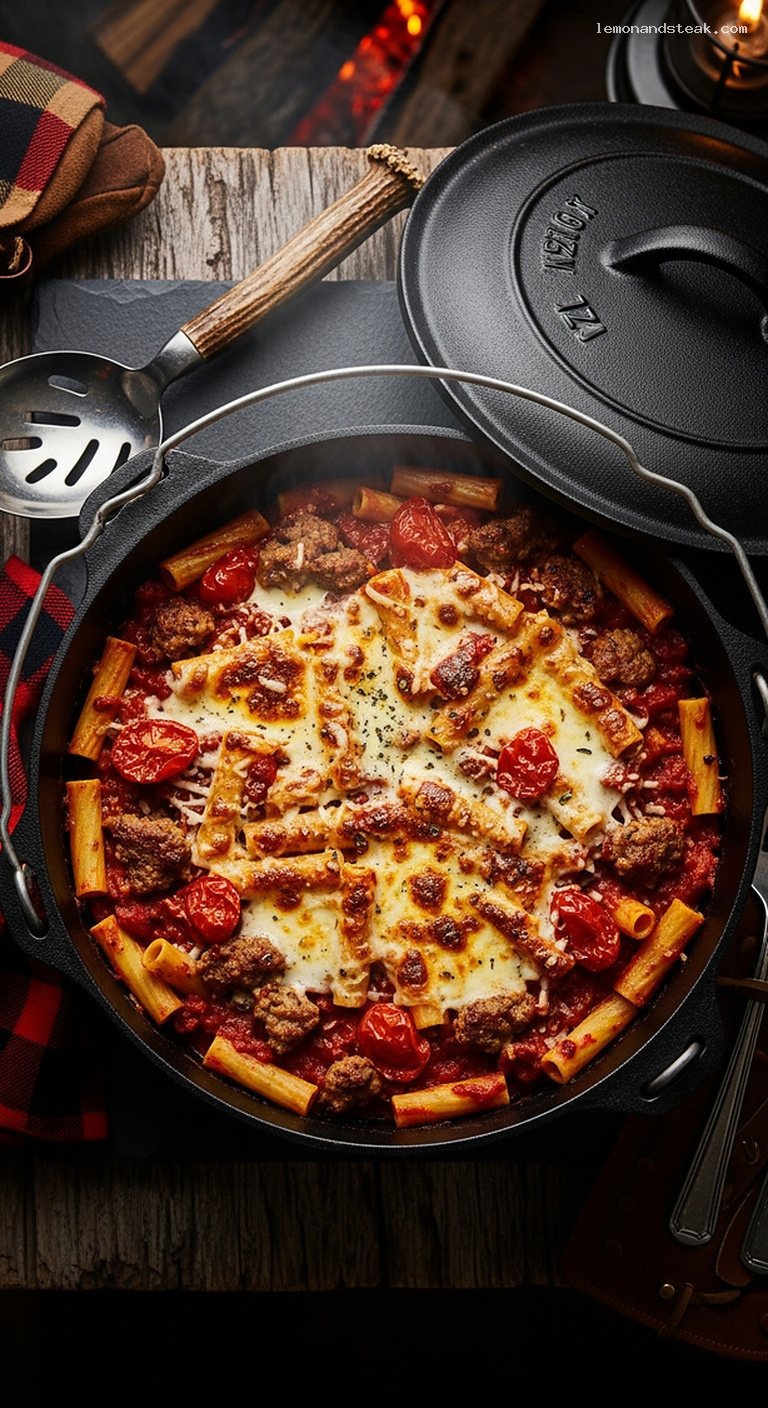 Campfire Baked Ziti with Marinara and Bubbling Cheese