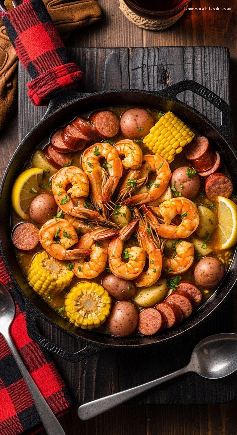 Campfire Cast Iron Shrimp Boil With Corn and Sausage
