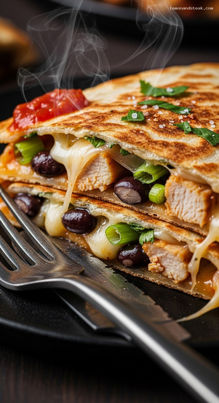 Campfire Chicken Quesadillas With Beans and Melted Cheese – Closeup