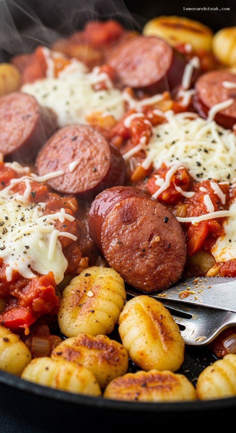 Campfire Gnocchi and Sausage Skillet With Tomatoes – Closeup