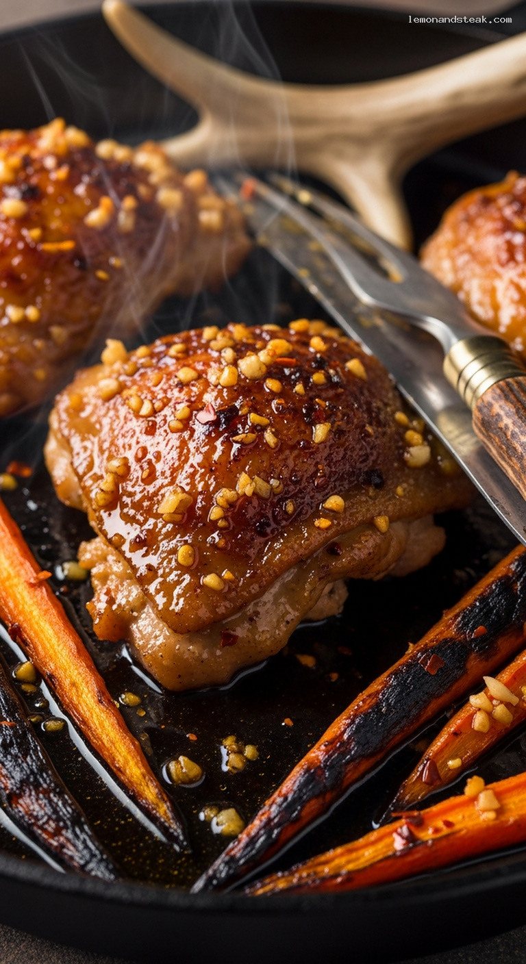 Campfire Honey Garlic Chicken Thighs with Charred Carrots – Closeup