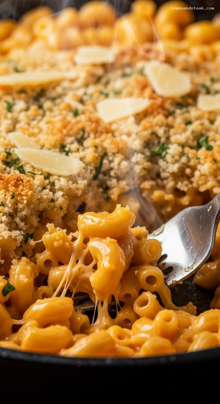 Campfire Skillet Mac and Cheese with Crispy Breadcrumb Topping – Closeup