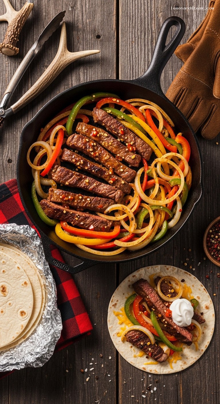 Campfire Skillet Steak Fajitas with Peppers and Onions