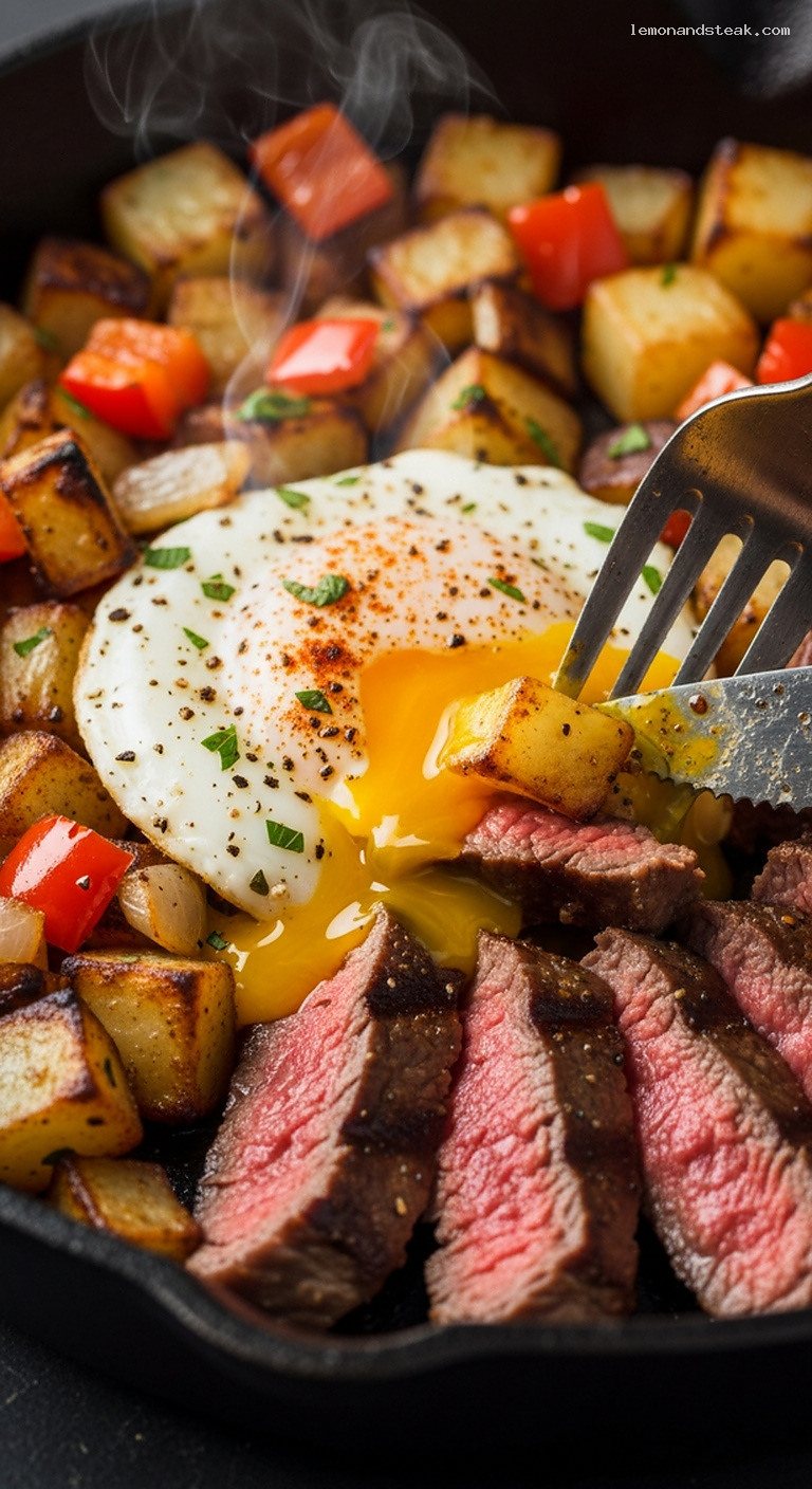 Campfire Steak and Egg Skillet With Crispy Potatoes – Closeup