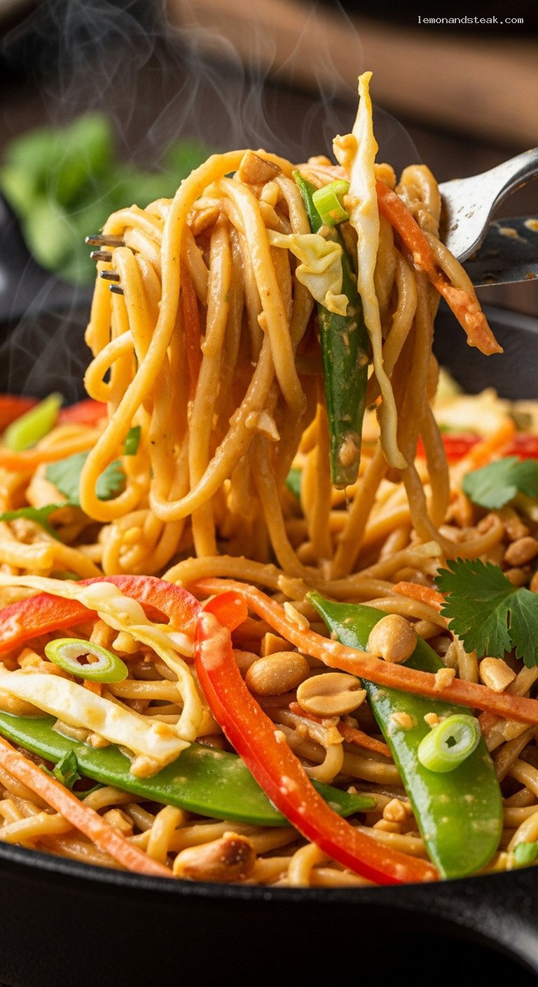 Campfire Thai Peanut Noodles with Veggies and Skillet Peanut Sauce – Closeup
