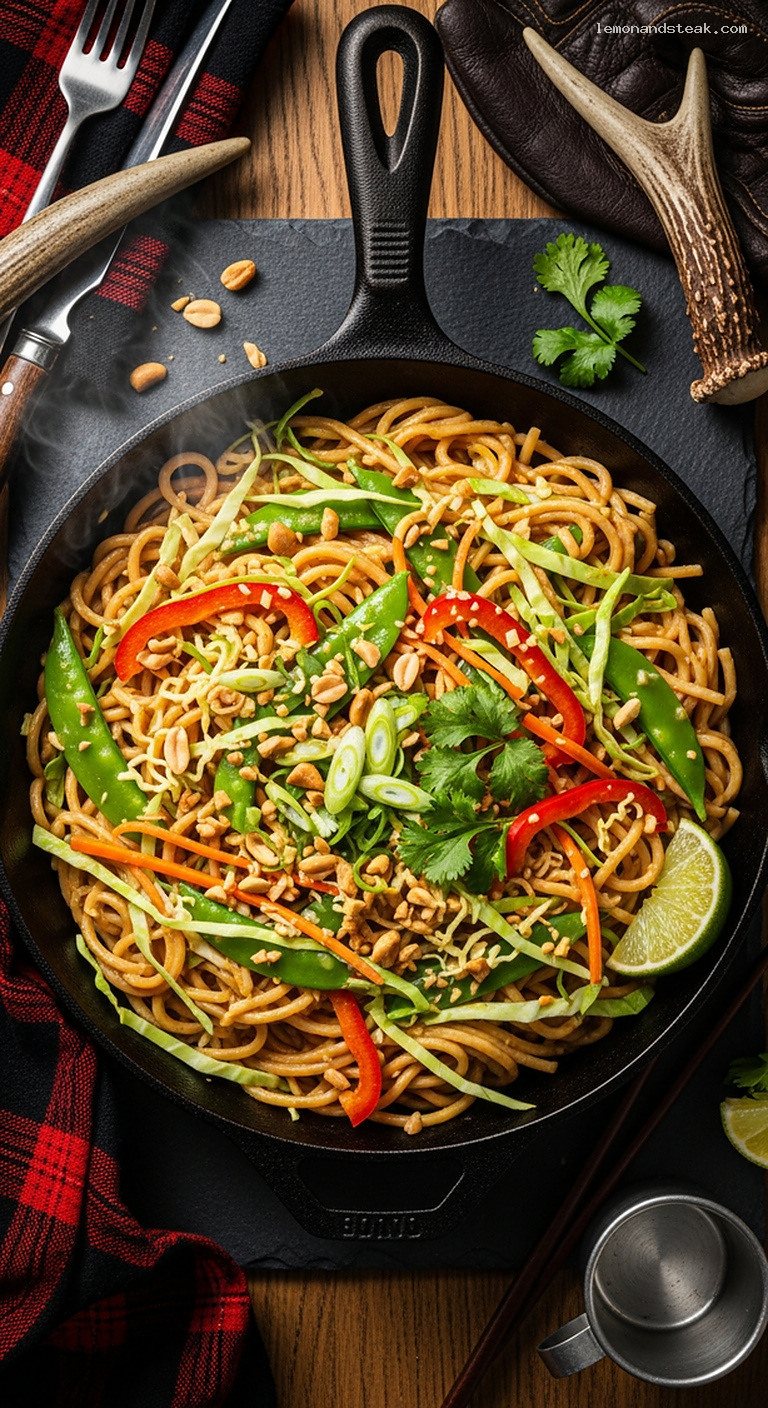Campfire Thai Peanut Noodles with Veggies and Skillet Peanut Sauce