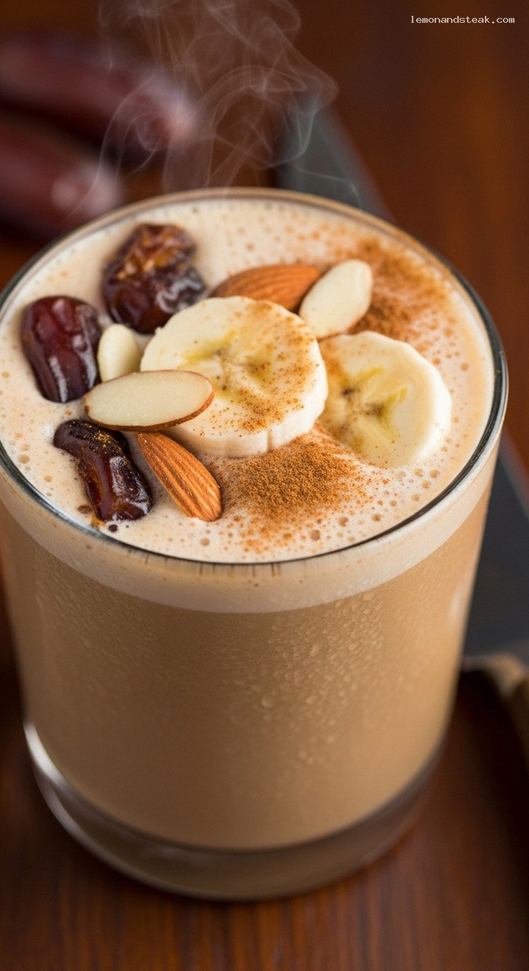 Caramel-Smooth Banana Date Almond Milk Smoothie – Closeup