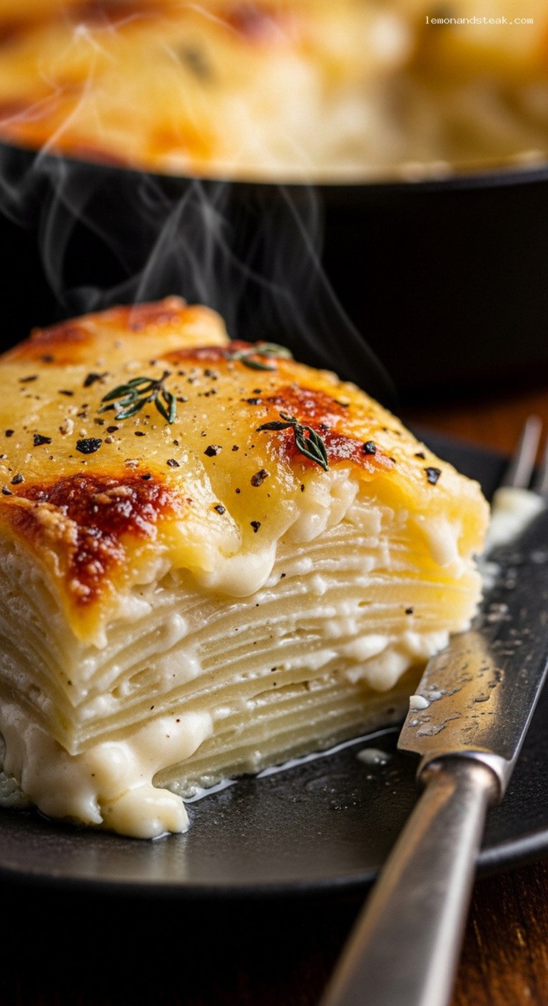 Caramelized Gruyère Potato Gratin with Nutmeg Cream – Closeup