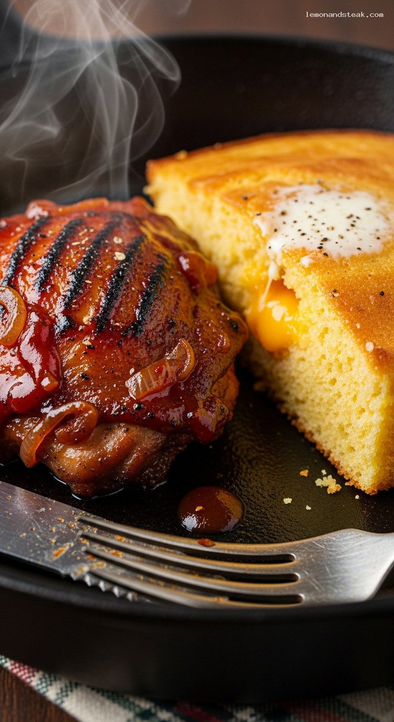 Cast-Iron BBQ Chicken and Cornbread Skillet Bake – Closeup