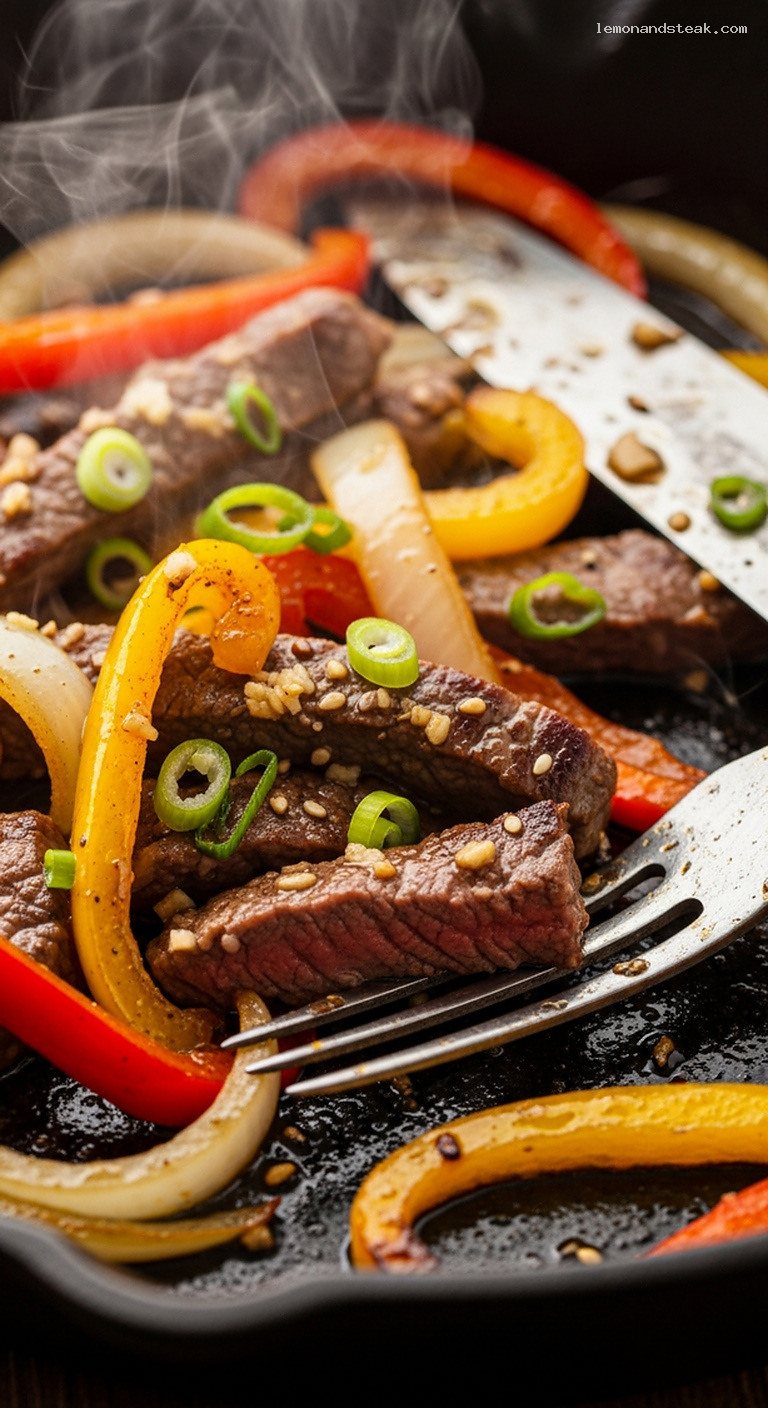 Cast-Iron Beef and Sweet Peppers With Garlic-Soy Glaze – Closeup
