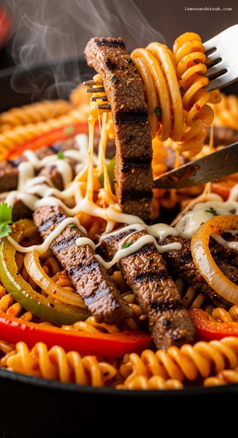 Cast-Iron Beef Fajita Pasta With Smoky Peppers and Onions – Closeup