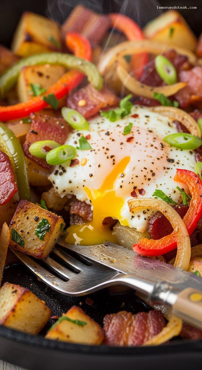 Cast-Iron Breakfast Hash with Potatoes, Bacon, and Peppers – Closeup