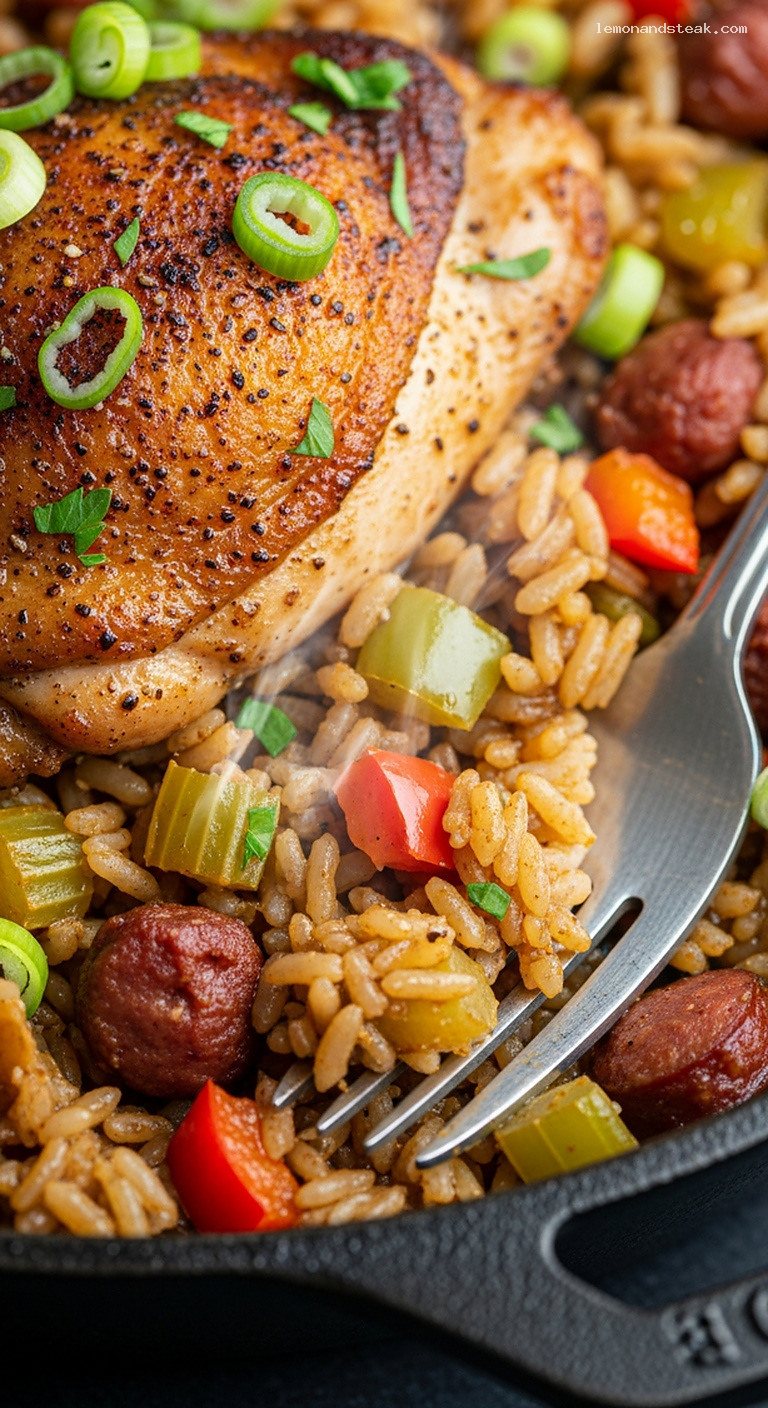 Cast-Iron Cajun Chicken and Dirty Rice Skillet – Closeup