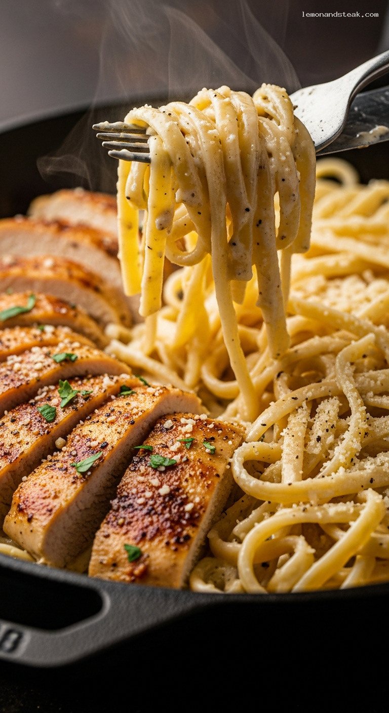 Cast-Iron Chicken Alfredo Pasta With Creamy Sauce – Closeup