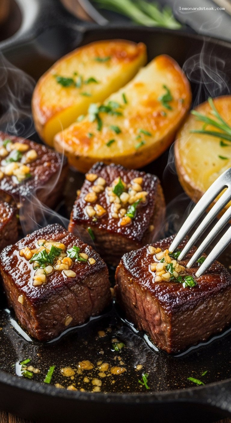 Cast-Iron Garlic Butter Steak Bites With Potatoes – Closeup
