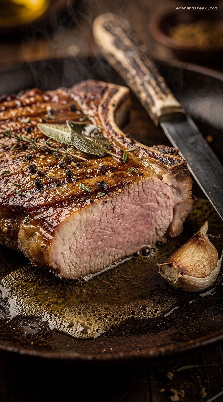 Cast-Iron Herb Butter Pork Chops with Sage and Thyme – Closeup