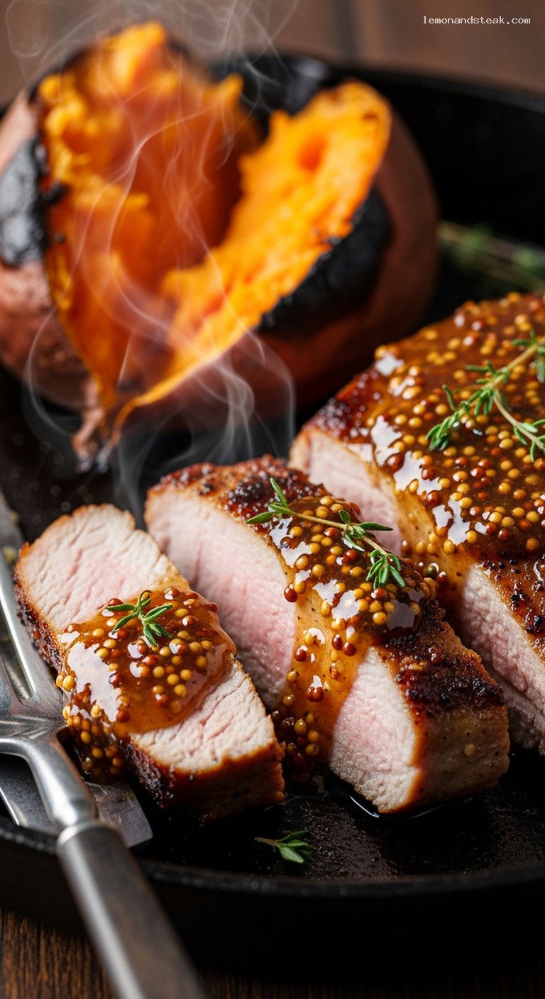 Cast-Iron Maple-Mustard Pork Chops With Fire-Roasted Sweet Potatoes – Closeup