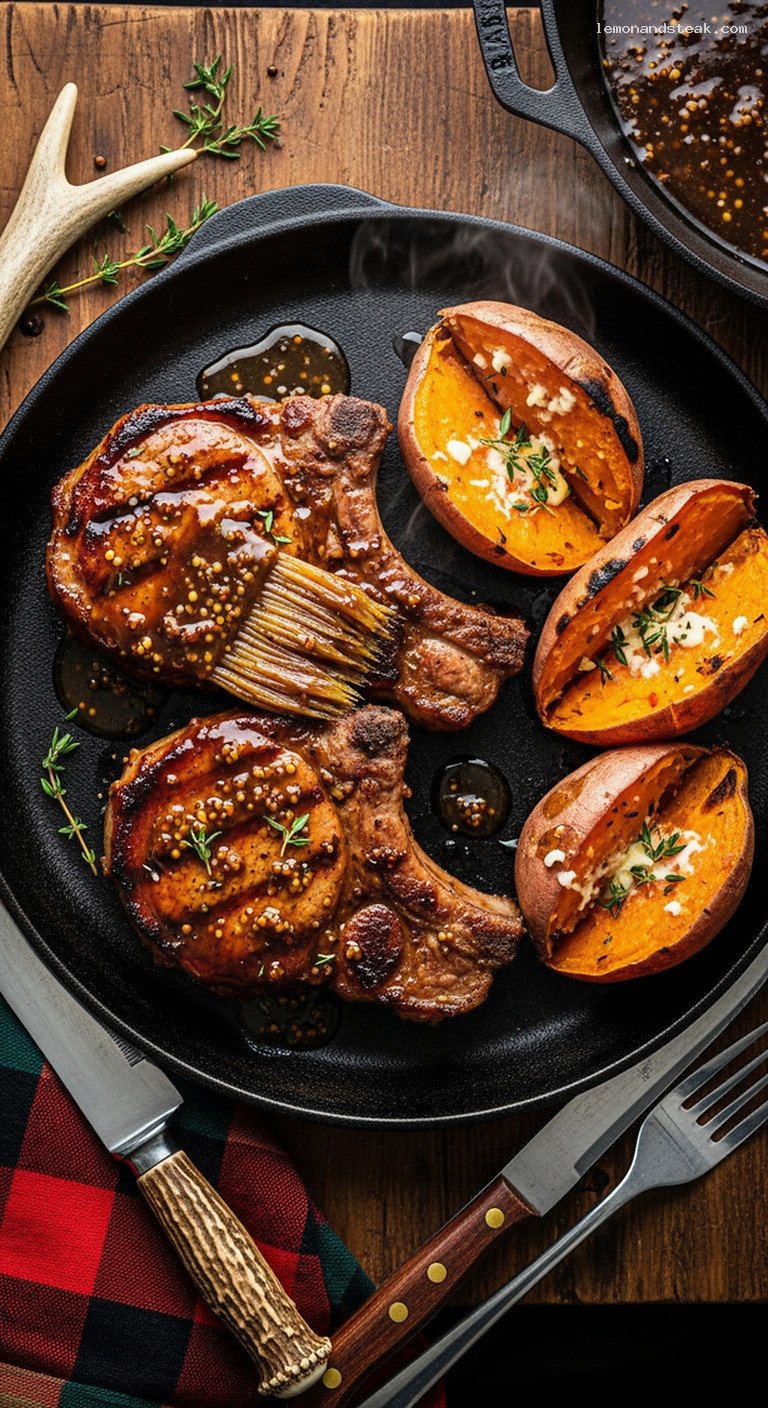 Cast-Iron Maple-Mustard Pork Chops With Fire-Roasted Sweet Potatoes