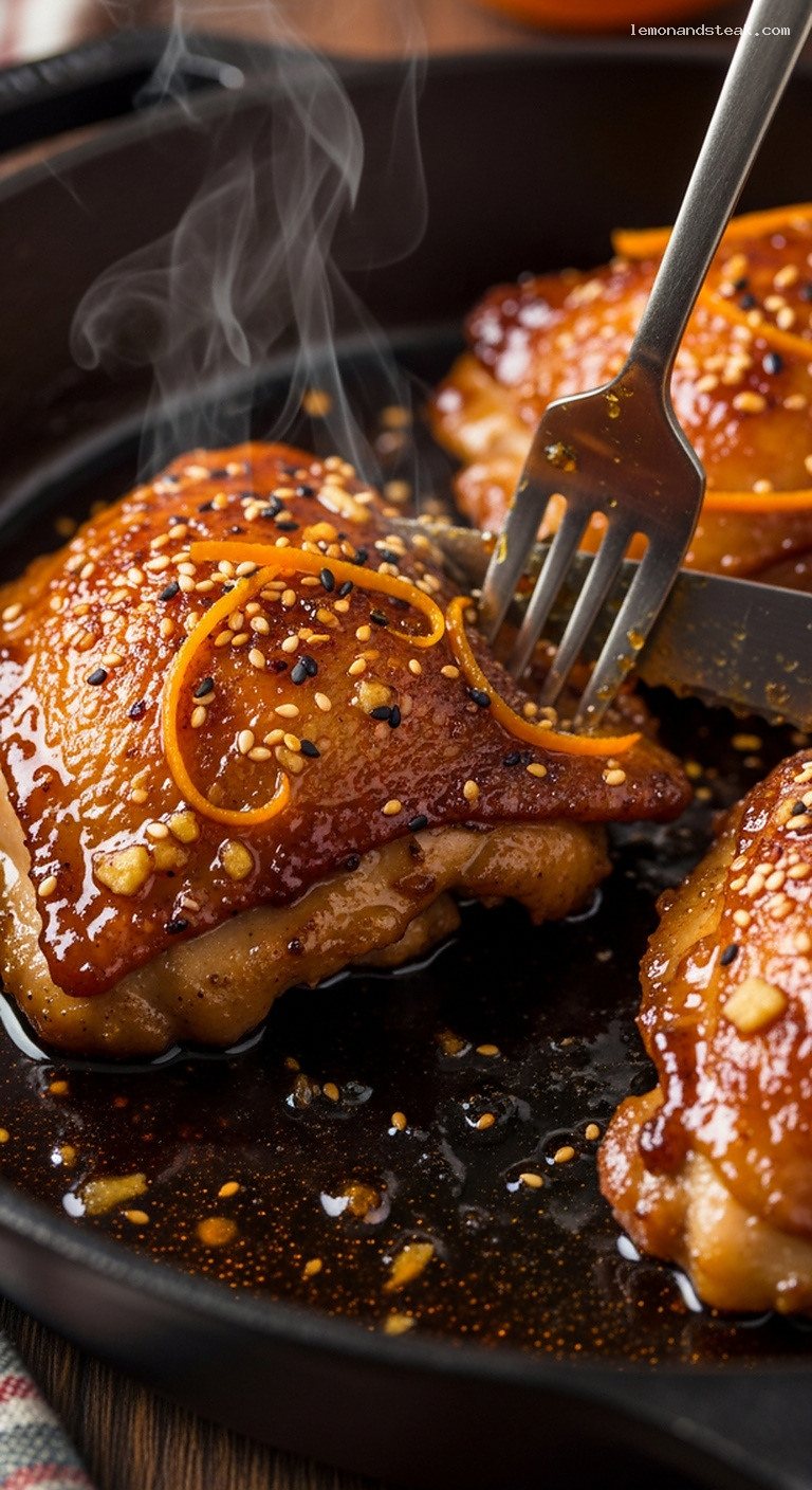 Cast-Iron Orange Ginger Chicken With Sticky Caramelized Glaze – Closeup