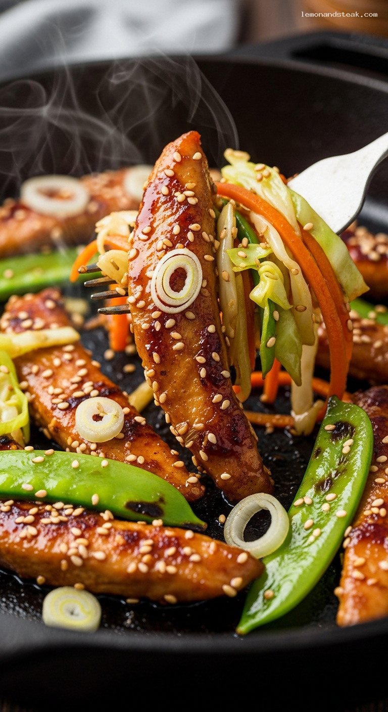 Cast-Iron Sesame Ginger Chicken Stir-Fry for Camp Meals – Closeup