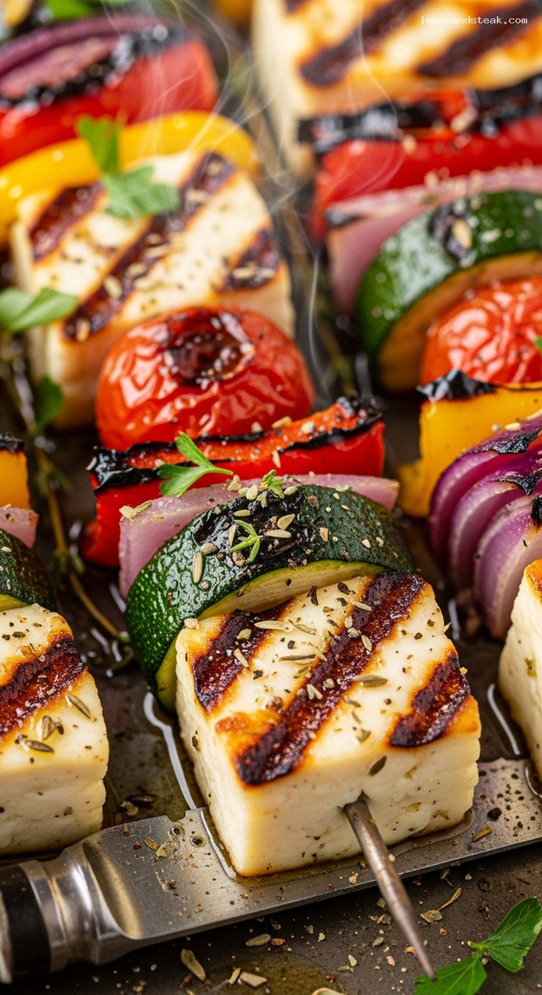 Charred Herb-Grilled Veggie and Halloumi Skewers – Closeup