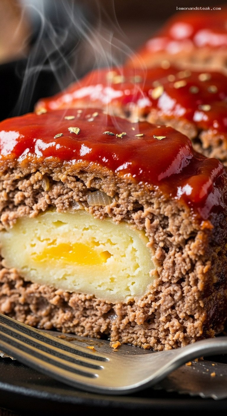 Cheddar Potato Stuffed Meatloaf With Creamy Mashed Potatoes – Closeup
