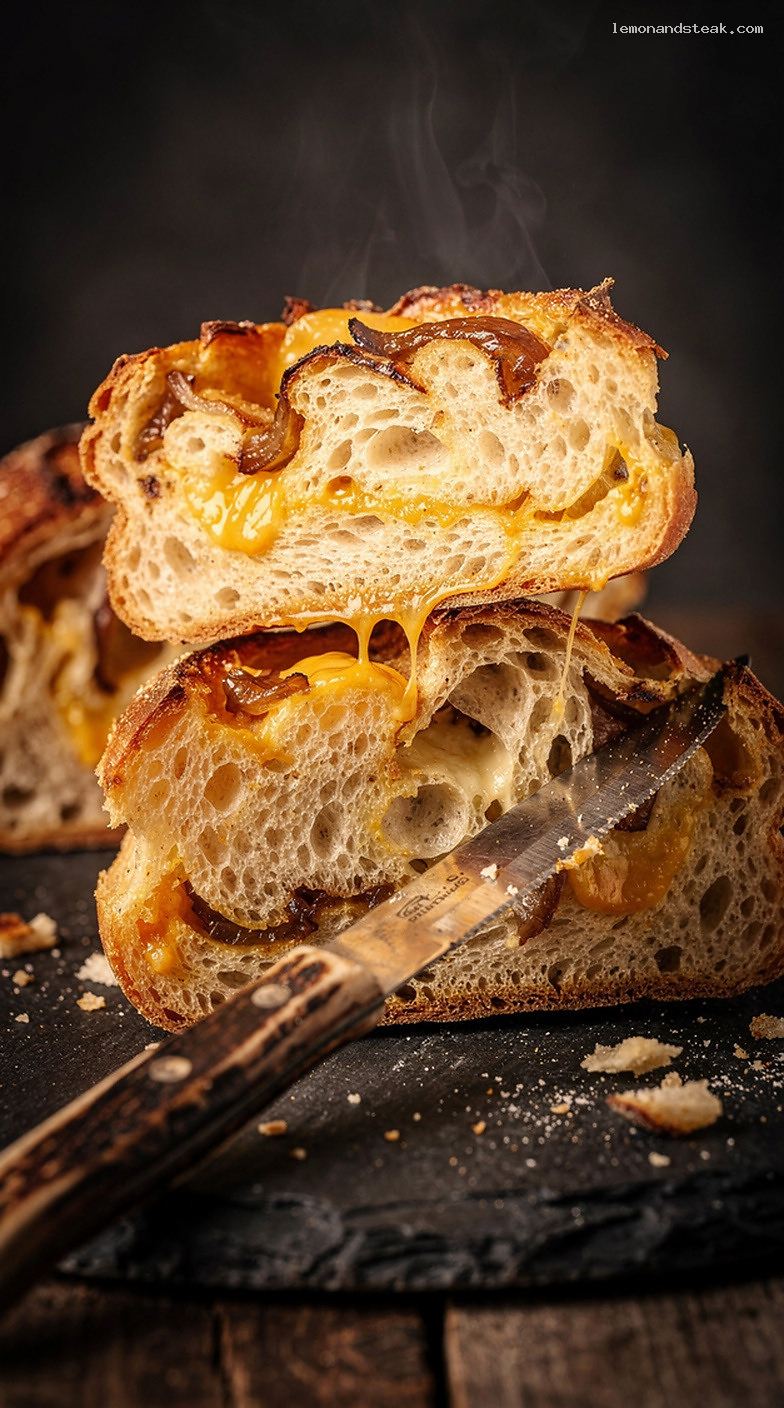 Cheese and Onion Bread with Caramelized Onions and Melted Cheese – Closeup