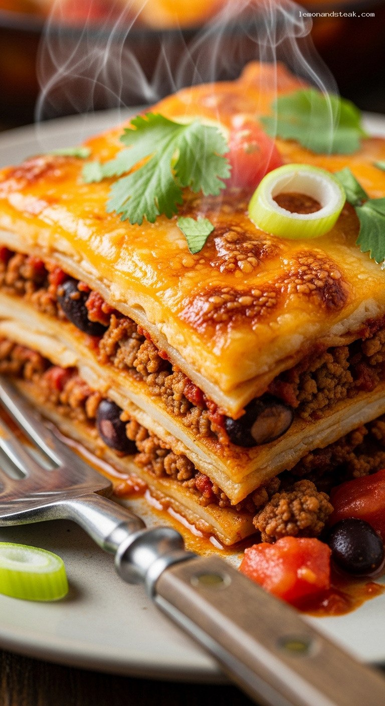 Cheesy Potato and Beef Enchilada Bake Casserole – Closeup