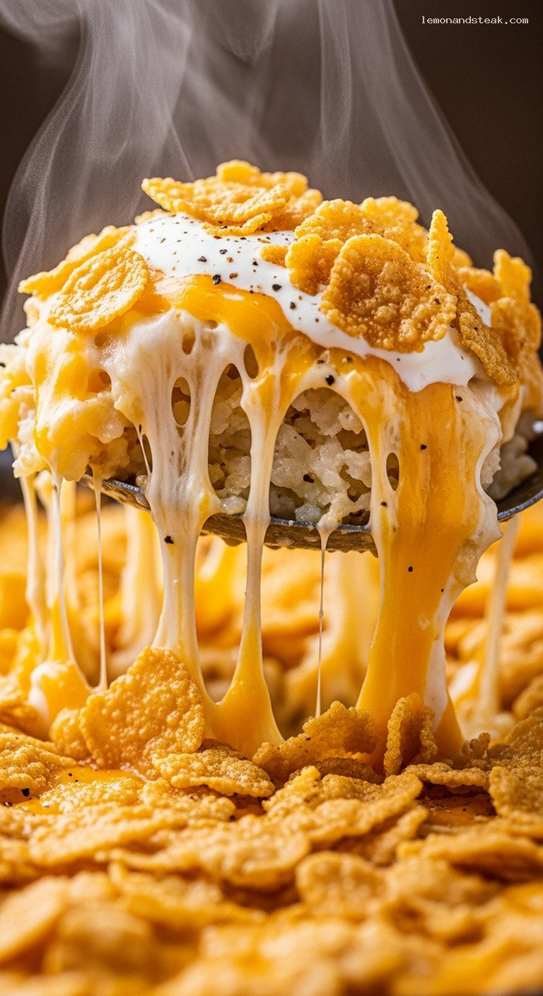 Cheesy Sour Cream Potato Casserole with Crunchy Cornflake Topping – Closeup