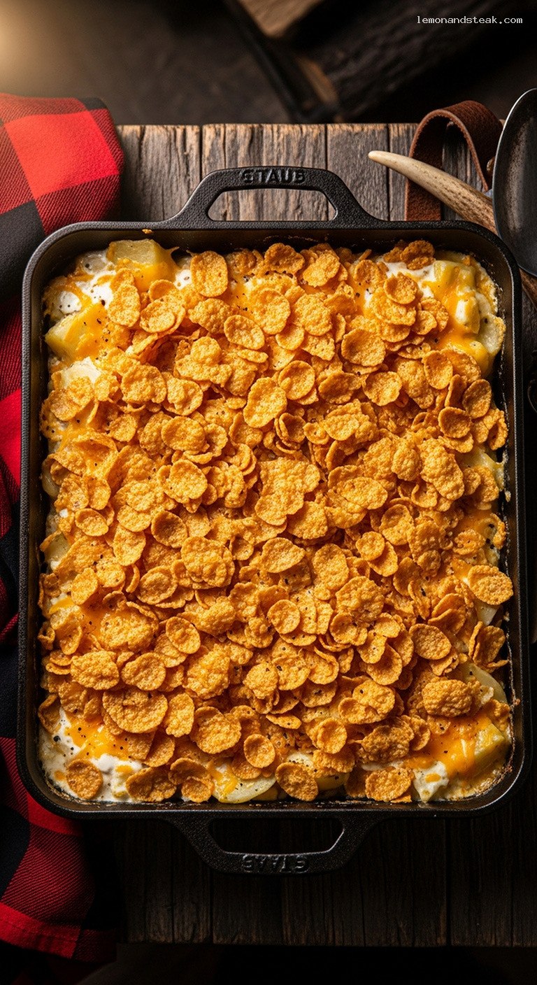 Cheesy Sour Cream Potato Casserole with Crunchy Cornflake Topping